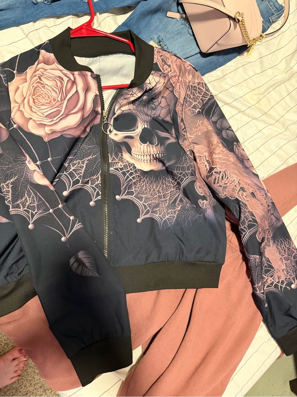 Floral Skull Bomber Jacket - Pink/Black